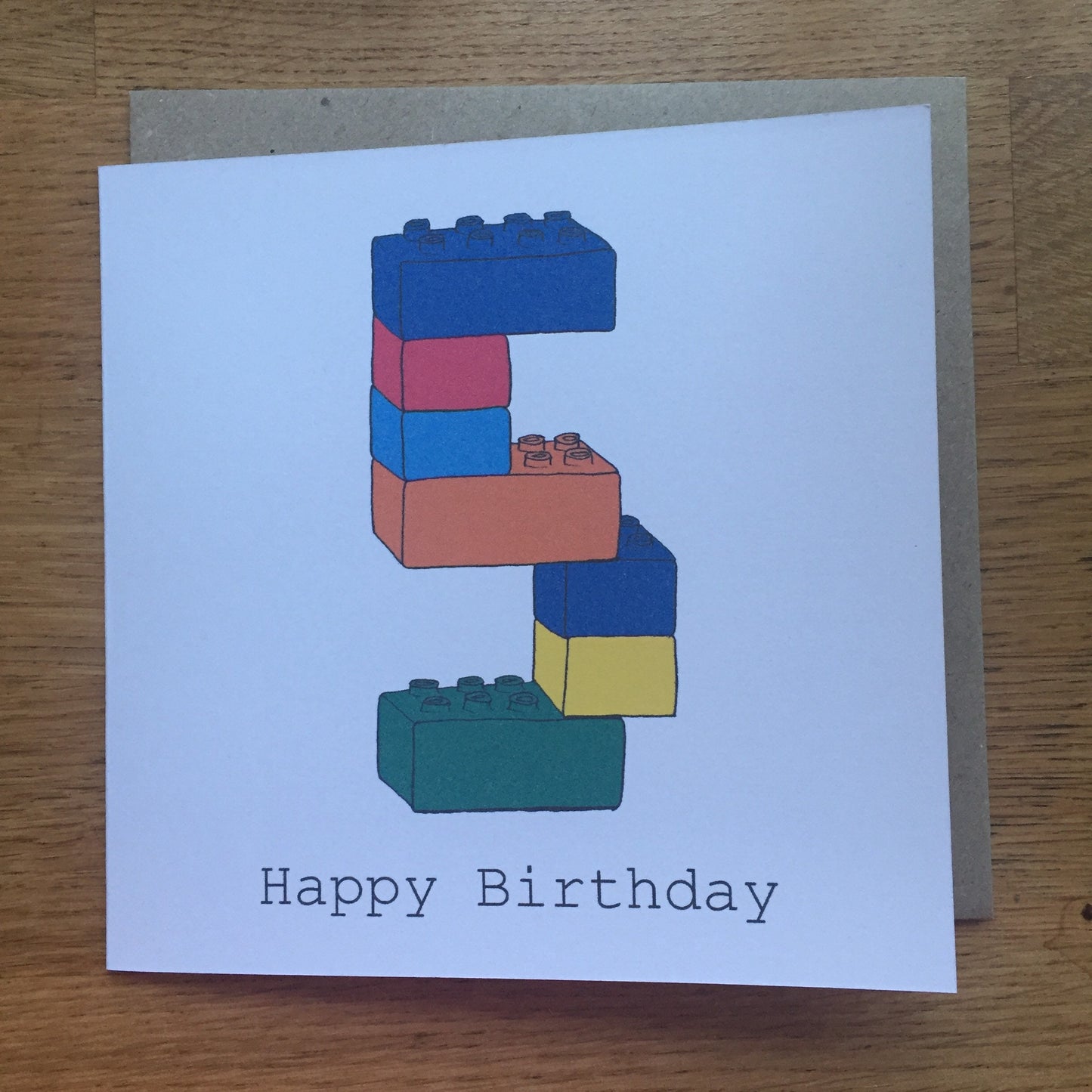 5th birthday card, 5 card, boy, girl, child's, five, fifth, happy birthday, hand drawn print, blocks, toys