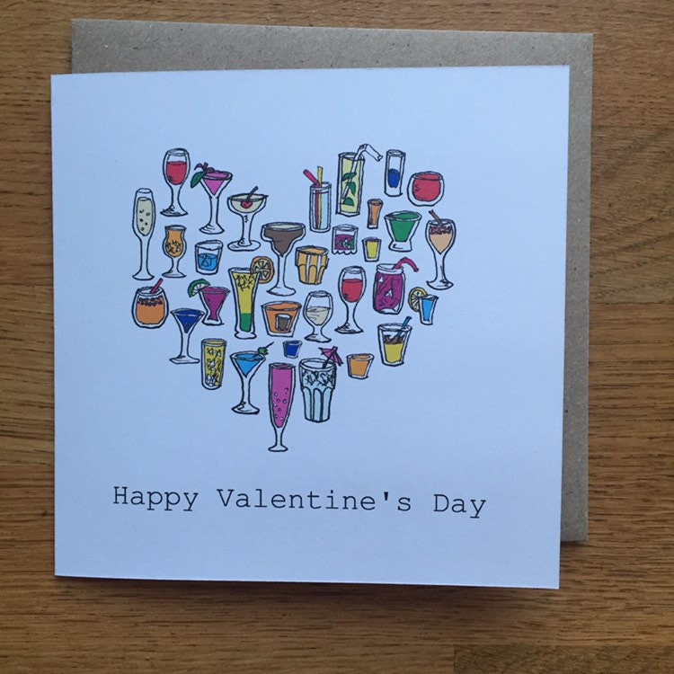 Valentines Day Card / alternative Love card / cocktails , heart l, love