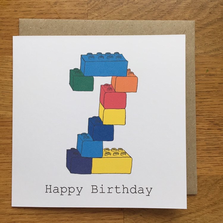 2nd birthday card, 2 card, boy, girl, child's, two, second, happy birthday, hand drawn print, blocks, toys