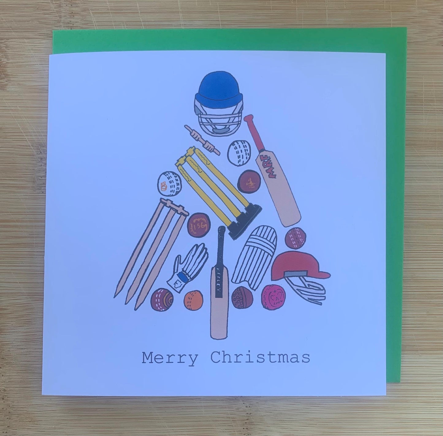 Cricket Christmas card, male Christmas card, Christmas tree, Xmas card , hoildays card, sporty