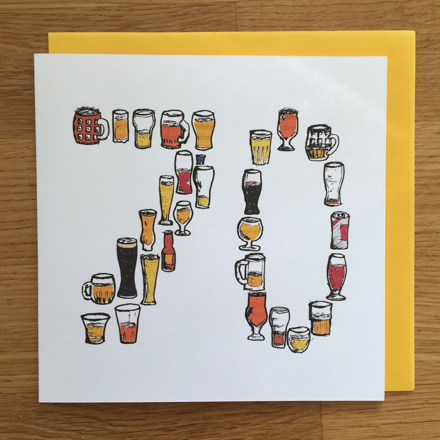 70th Birthday Card for Beer Lovers – 70 Hand-Drawn Milestone Card – Brew Lover Greeting for Him, man, male