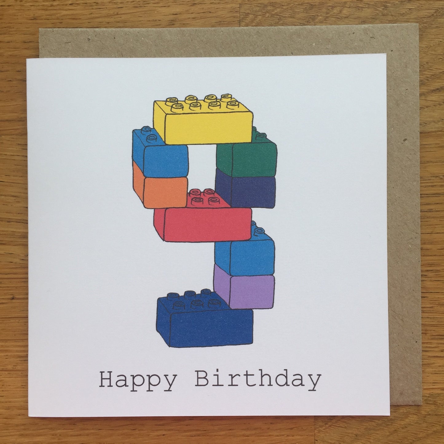 9th birthday card, 9 card, boy, girl, child's, nine, happy birthday, hand drawn print, blocks, toys