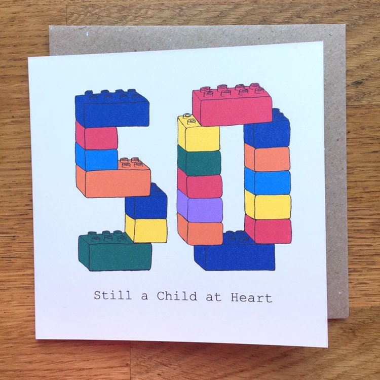 50th birthday card, 50 card, for men, male, man, fifth card, child at heart, blocks
