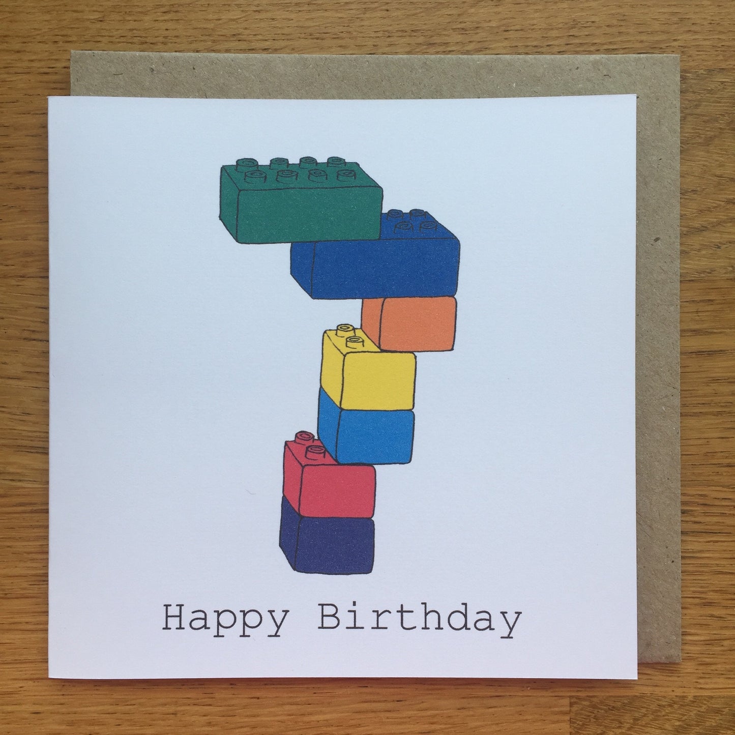 7th birthday card, 7 card, boy, girl, child's, seven, happy birthday, hand drawn print, blocks, toys