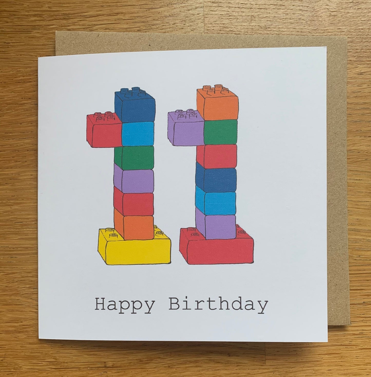 11th birthday card, 11 card, boy, girl, child's, eleven, happy birthday, hand drawn print, blocks, toys