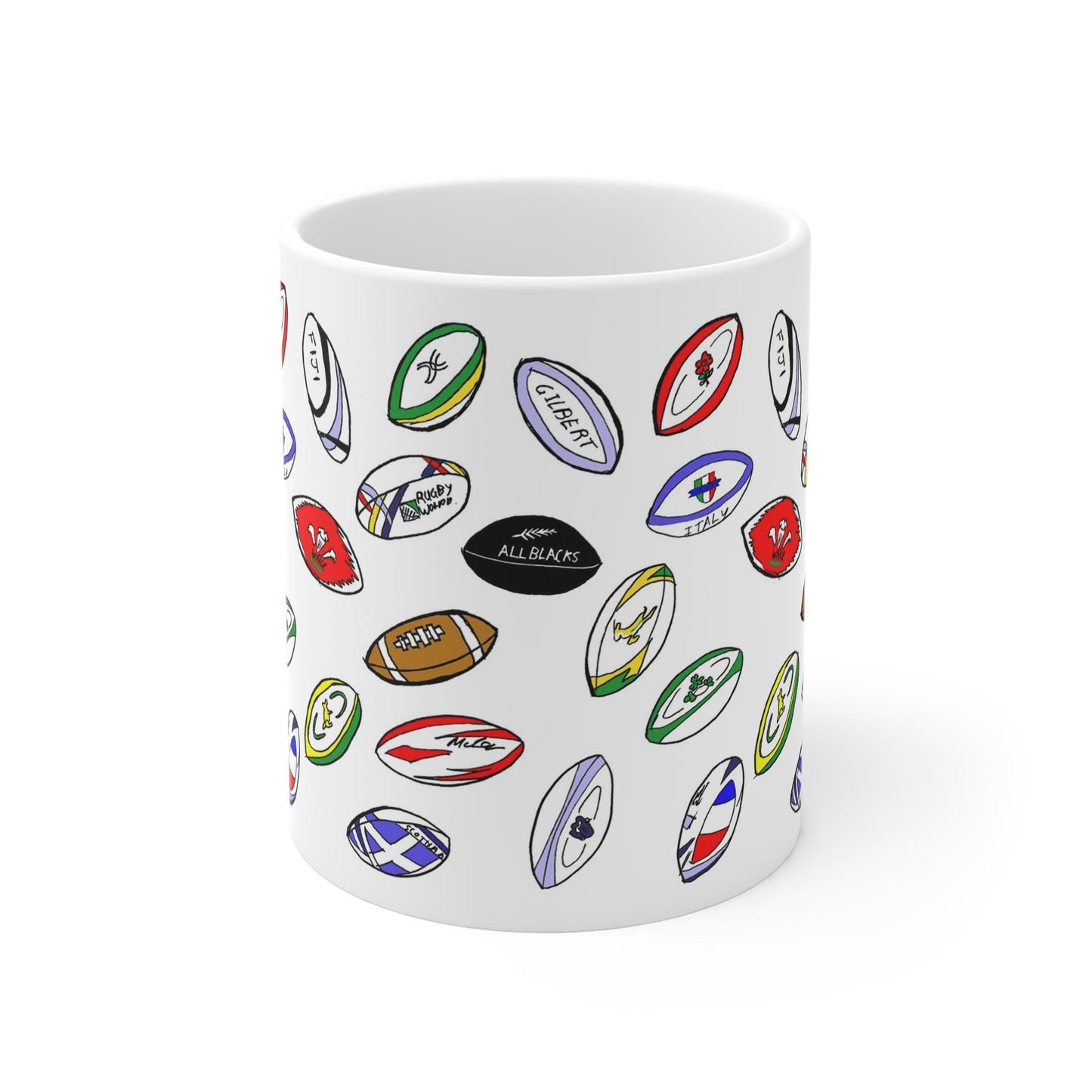 Rugby mug,  coffee cup, Sporty gift, White ceramic mug with print on my hand illustration