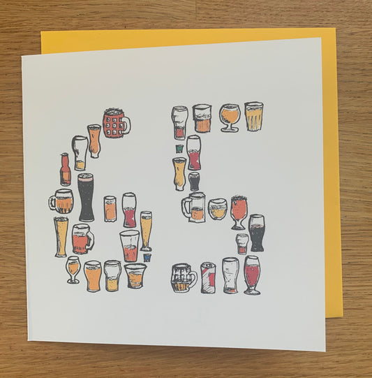 65th Birthday Card for Beer Lovers – 65 Hand-Drawn Milestone Card – Brew Lover Greeting for Him, male, man