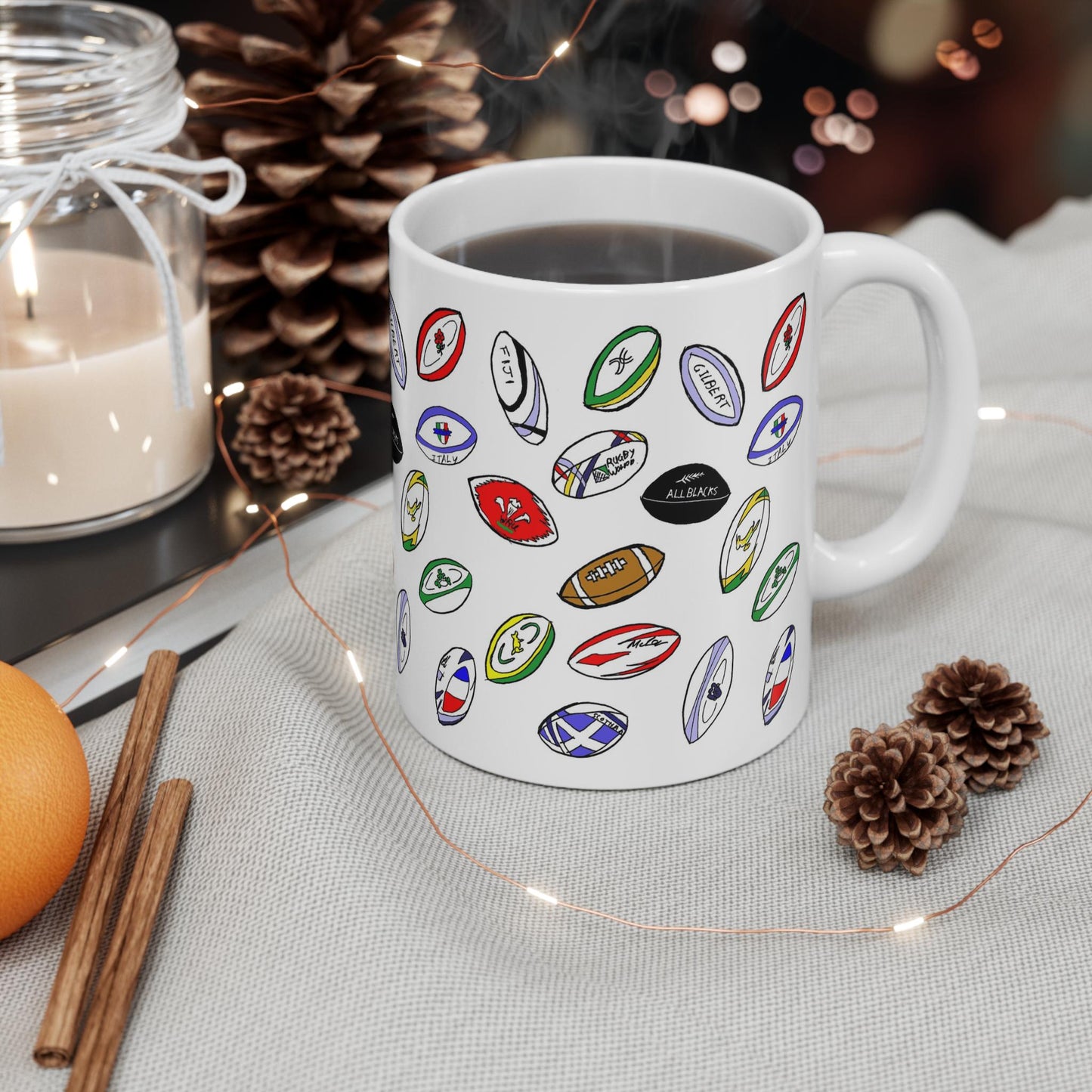 Rugby mug,  coffee cup, Sporty gift, White ceramic mug with print on my hand illustration
