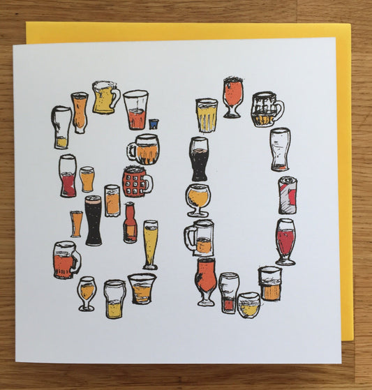 80th Birthday Card for Beer Lovers – 80 Hand-Drawn Milestone Card – Brew Lover Greeting for Him. male, man