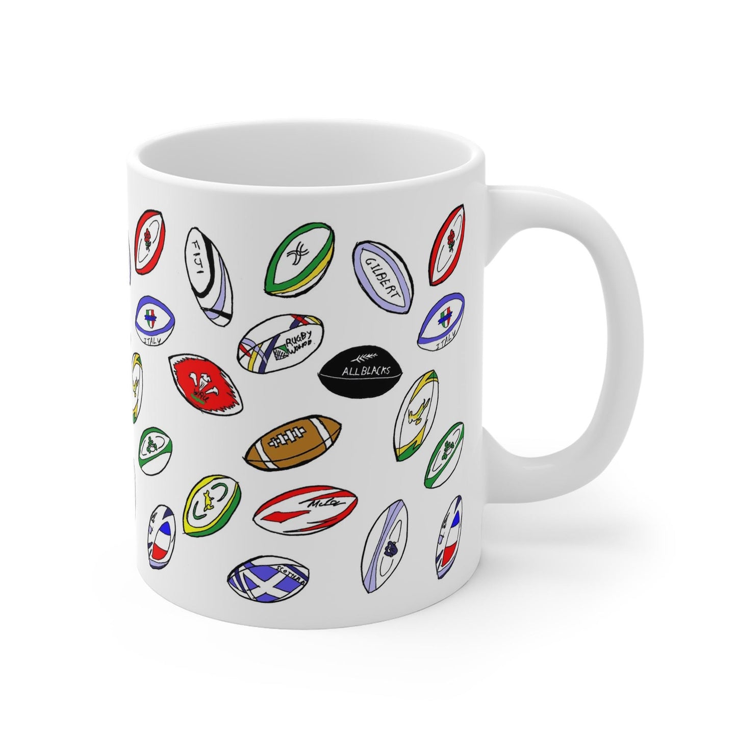 Rugby mug,  coffee cup, Sporty gift, White ceramic mug with print on my hand illustration