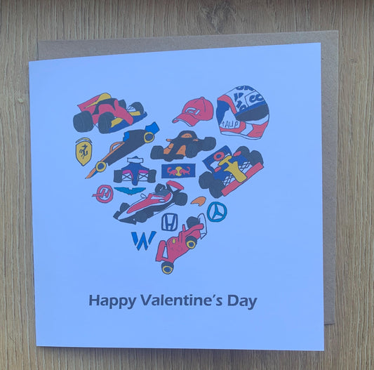 Valentine’s Day card, Formal 1 card, F1, formal one, racing cars, car, cards, for him, male, her, motorsports,