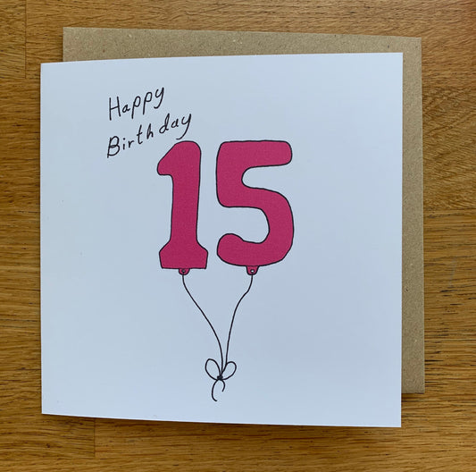 15th birthday card, 15 balloons, for women, for her, woman, cute, pink,