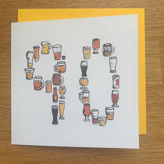 90th Birthday Card for Beer Lovers – 90 Hand-Drawn Milestone Card – Brew Lover Greeting for Him. male, man