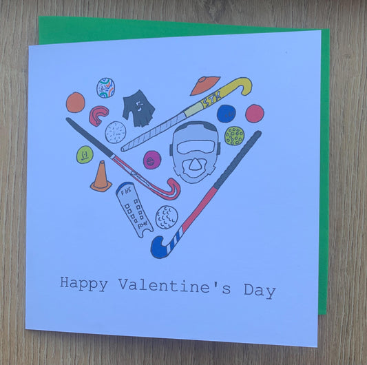 Valentine’s Day card, Hockey,  feild hockey happy birthday card, stick, ball, male, female, him, her, sport, sporty