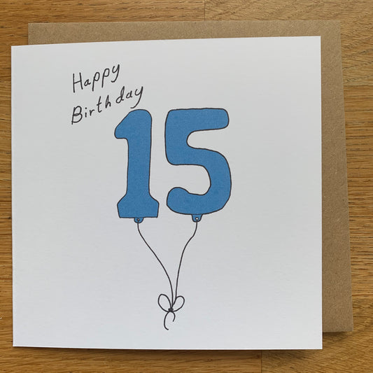 15th birthday card, 15 balloons, for men, for him, male, cute, blue, boy